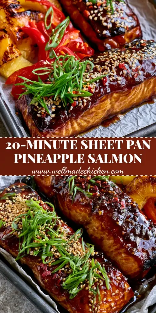Baked Pineapple Salmon: The Ultimate Glistening Sheet Pan Dinner 4 Overhead view of Baked Pineapple Salmon on a sheet pan with charred pineapple rings, red bell peppers, and green onion garnish.