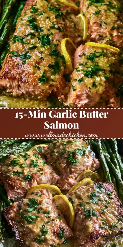 Baked Lemon Garlic Butter Salmon: The Ultimate 20-Minute Sheet Pan Feast 4 A rustic dark sheet pan featuring three seared Baked Lemon Garlic Butter Salmon fillets with charred asparagus and lemon wheels on crumpled parchment.