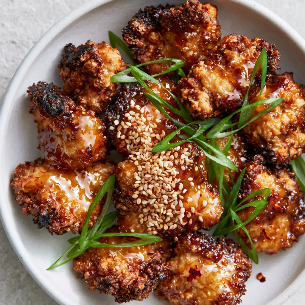 Honey Chicken: Extra-Crispy Air Fryer Bites with a Glossy Garlic Glaze 2 Extreme close-up of Honey Chicken showing the rugged golden-brown breading and glossy honey garlic sauce.