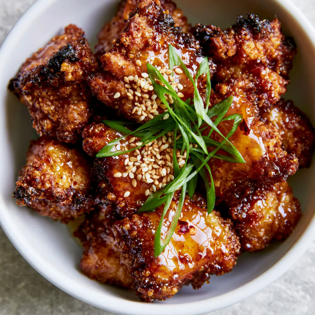 Honey Chicken: Extra-Crispy Air Fryer Bites with a Glossy Garlic Glaze 1 Honey Chicken pieces garnished with toasted sesame seeds and thinly sliced green scallions on a gray background.