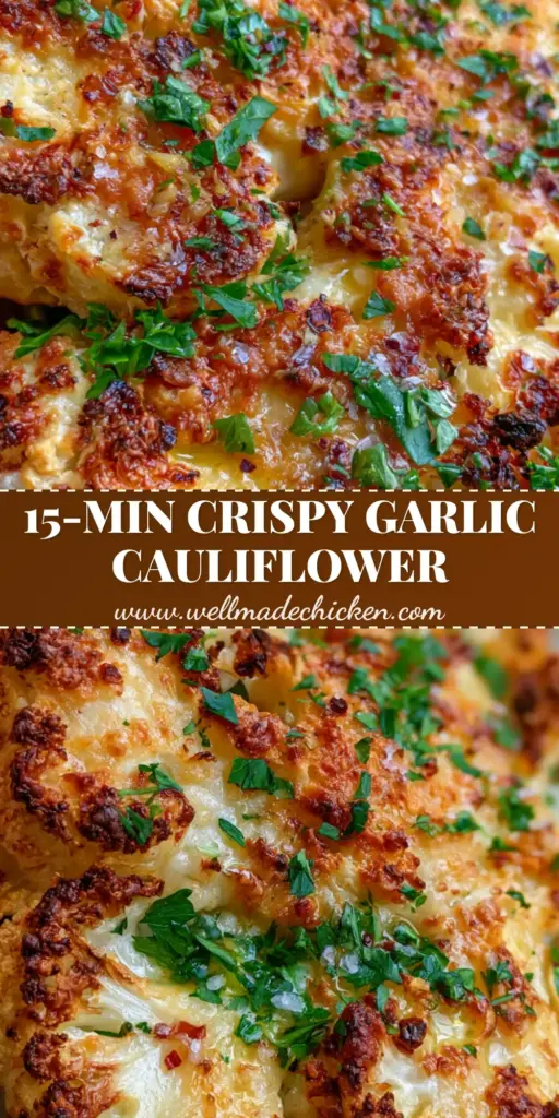 Cauliflower Steaks with a Golden Parmesan Crust and Toasted Garlic 4 A close-up handheld photo of thick-cut cauliflower steaks with a jagged golden-brown parmesan crust and charred edges.