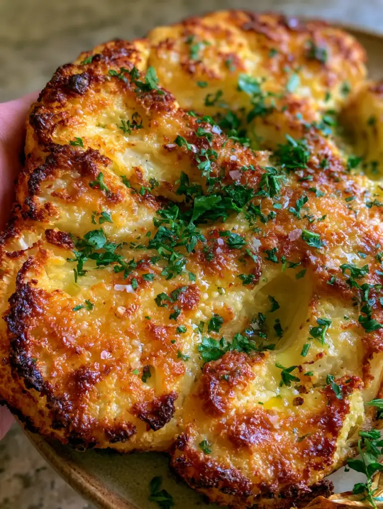 Cauliflower Steaks with a Golden Parmesan Crust and Toasted Garlic 2 Thick-cut cauliflower steaks showing the golden-brown parmesan crust and visible toasted garlic bits. (cauliflower steaks)