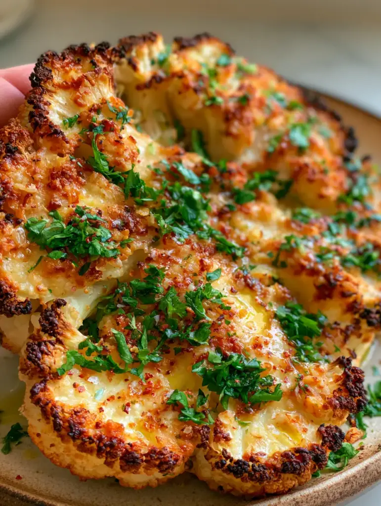 Cauliflower Steaks with a Golden Parmesan Crust and Toasted Garlic 1 A rustic plate of cauliflower steaks glistening with lemon oil and garnished with red sea salt and parsley.