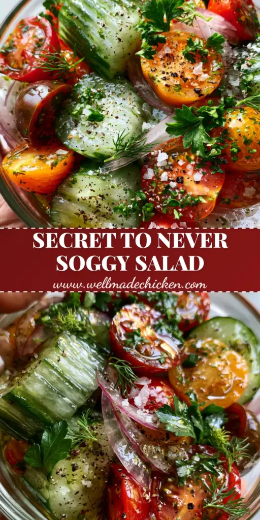 Cucumber Onion Tomato Salad: The Ultimate Crisp Mediterranean Side 4 A hand holding a clear glass bowl of Cucumber Onion Tomato Salad with ridged cucumbers, red and orange tomatoes, and fresh herbs over a marble counter.