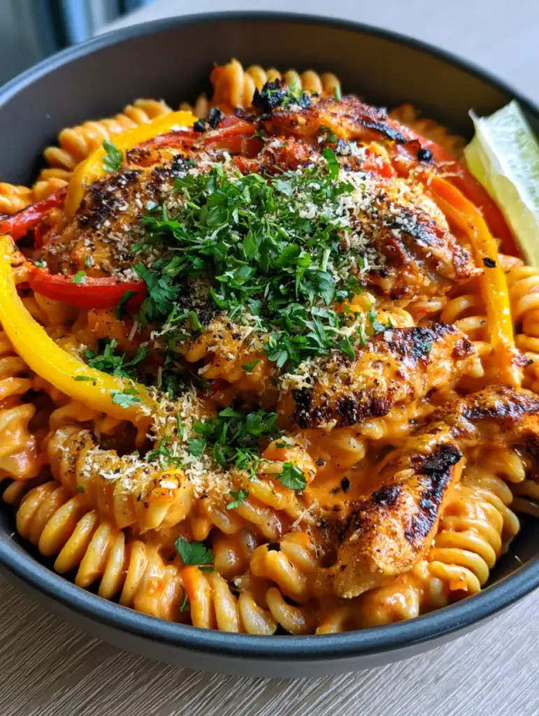 Detailed view of blistered yellow and red peppers mixed with fusilli pasta in a creamy fajita sauce.