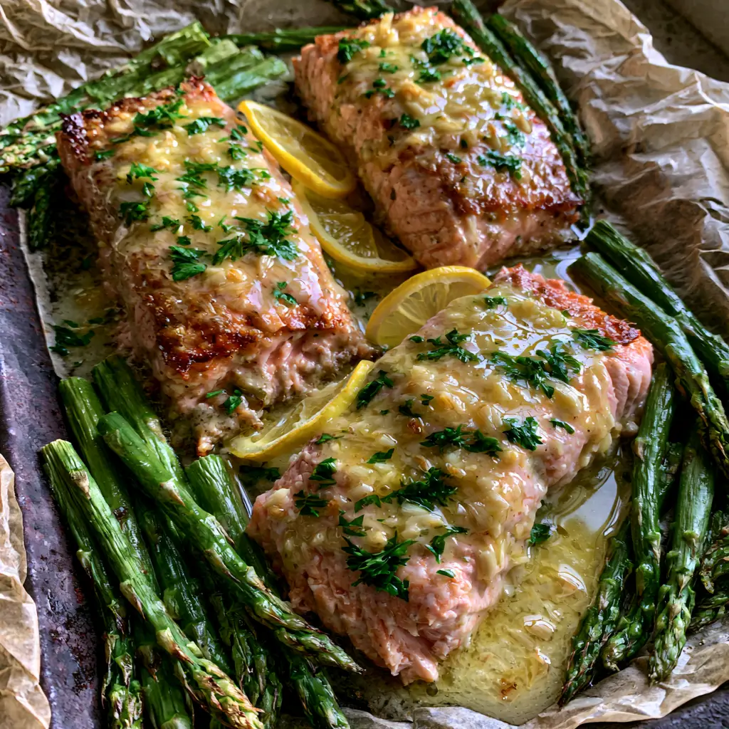 Baked Lemon Garlic Butter Salmon: The Ultimate 20-Minute Sheet Pan Feast 2 Macro shot of Baked Lemon Garlic Butter Salmon showing the thick, glistening sauce and minced garlic texture.