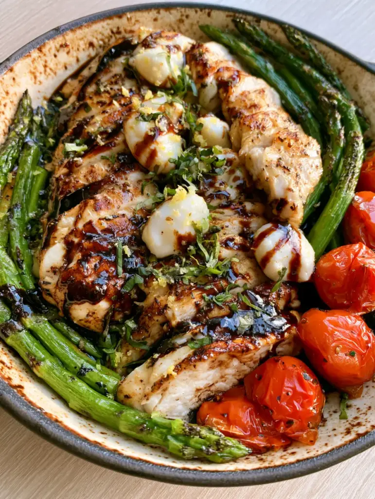 High Protein Spring Dinners: Balsamic Glazed Chicken with Mozzarella and Charred Asparagus 2 Close-up of golden-seared chicken breast topped with melted mozzarella and balsamic reduction in a cast iron pan. (high protein spring dinners)