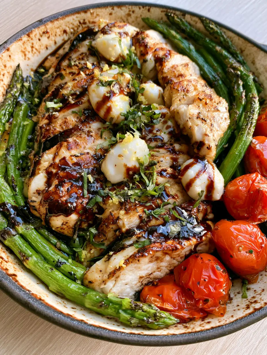 High Protein Spring Dinners: Balsamic Glazed Chicken with Mozzarella and Charred Asparagus 3 Close-up of golden-seared chicken breast topped with melted mozzarella and balsamic reduction in a cast iron pan. (high protein spring dinners)