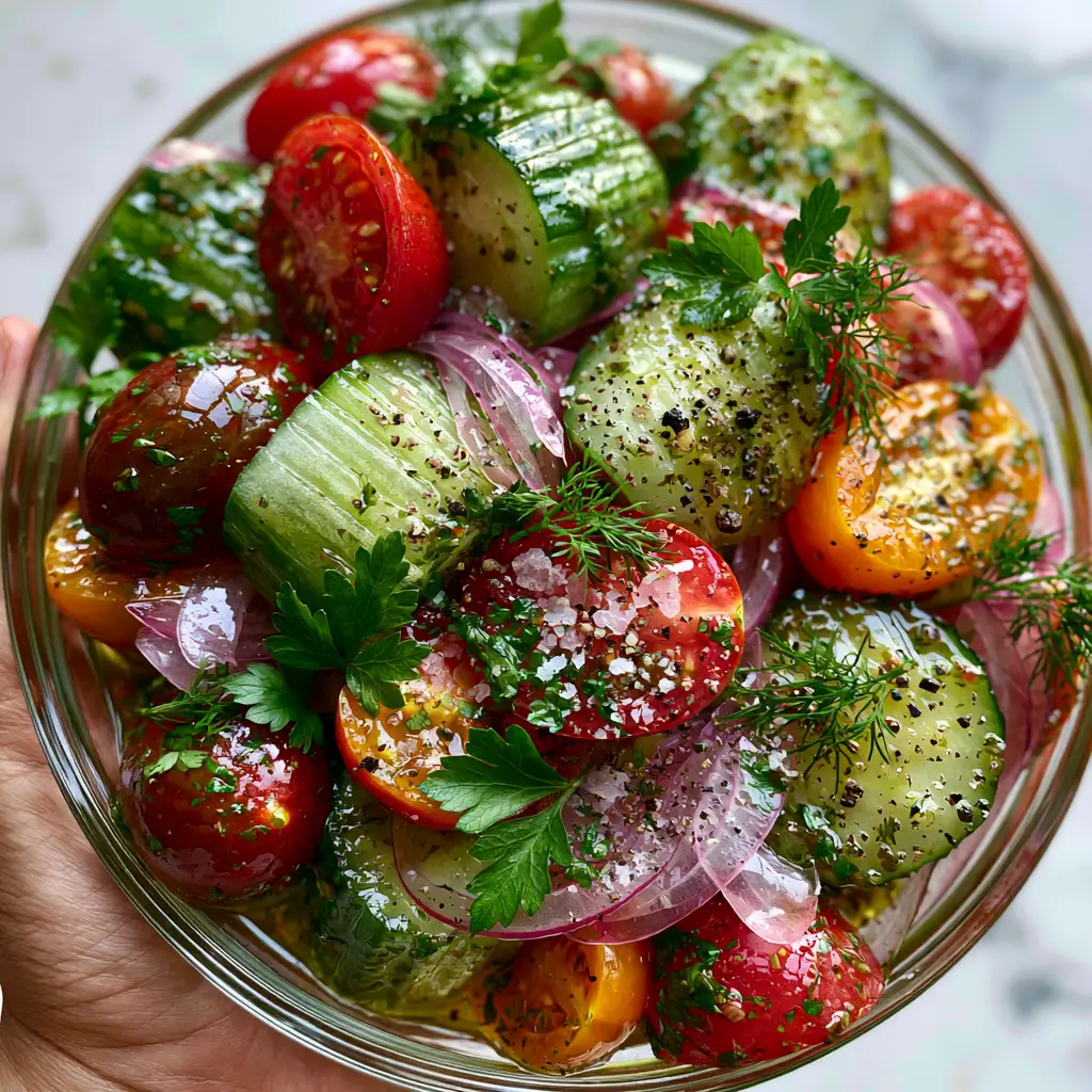 Cucumber Onion Tomato Salad: The Ultimate Crisp Mediterranean Side 2 Extreme close-up of Cucumber Onion Tomato Salad showing the ridged texture of icy English cucumbers and translucent red onion slivers.