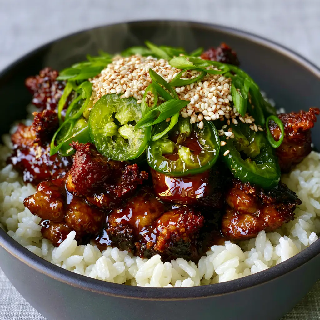 Asian Jalapeno Chicken with a Sticky Mahogany Soy Glaze 2 Extreme close-up of seared chicken thigh chunks coated in a dark mahogany soy glaze with micro-bubbles. (Asian Jalapeno Chicken)