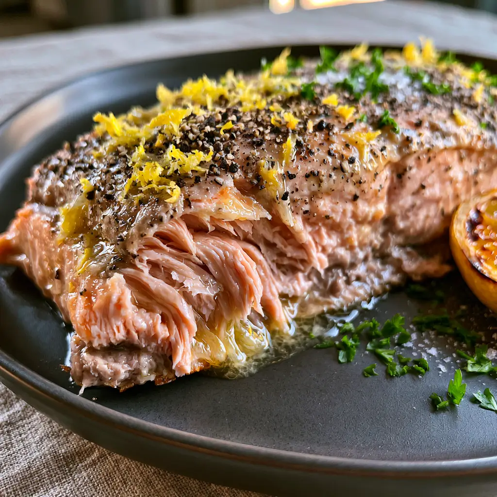 Side view of a thick salmon fillet showing the charred lemon and parsley garnish. (Texas Roadhouse style baked salmon)