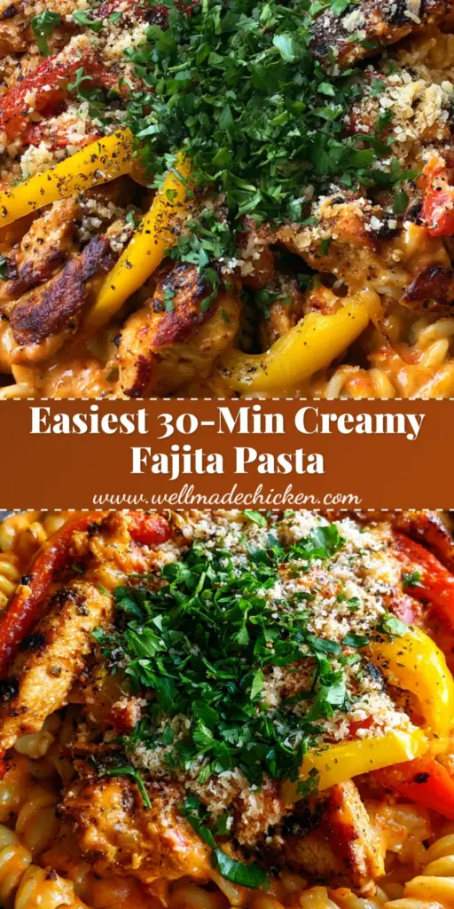 A close-up shot of creamy chicken fajita pasta in a dark bowl, featuring fusilli, charred chicken, and blistered peppers topped with cilantro and pepper jack.