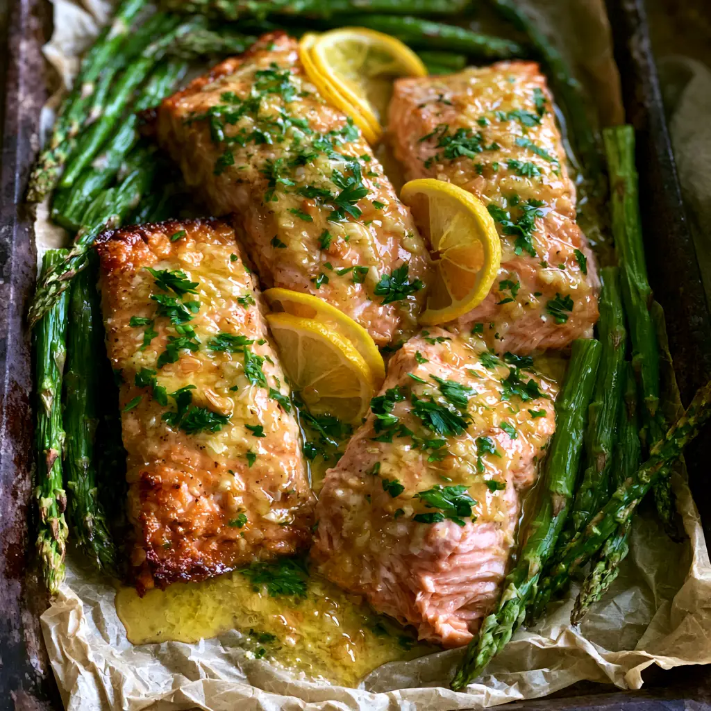 Baked Lemon Garlic Butter Salmon: The Ultimate 20-Minute Sheet Pan Feast 1 High-angle POV of a sheet pan with Baked Lemon Garlic Butter Salmon, vibrant green asparagus, and lemon slices.