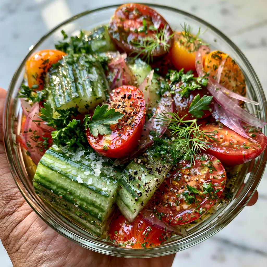 Cucumber Onion Tomato Salad: The Ultimate Crisp Mediterranean Side 1 High-angle shot of a Mediterranean Cucumber Onion Tomato Salad in a crystal-clear bowl with bright morning light highlights.