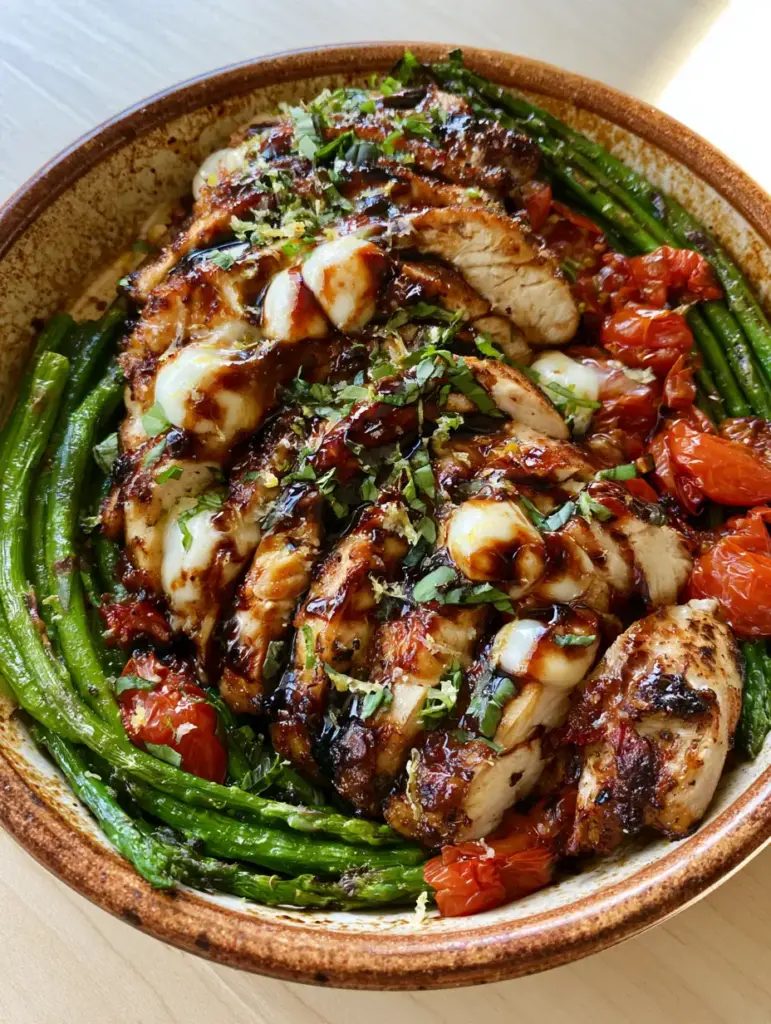 High Protein Spring Dinners: Balsamic Glazed Chicken with Mozzarella and Charred Asparagus 1 A complete view of the rustic cast iron skillet on a light wood background with blistered tomatoes and basil. (high protein spring dinners)