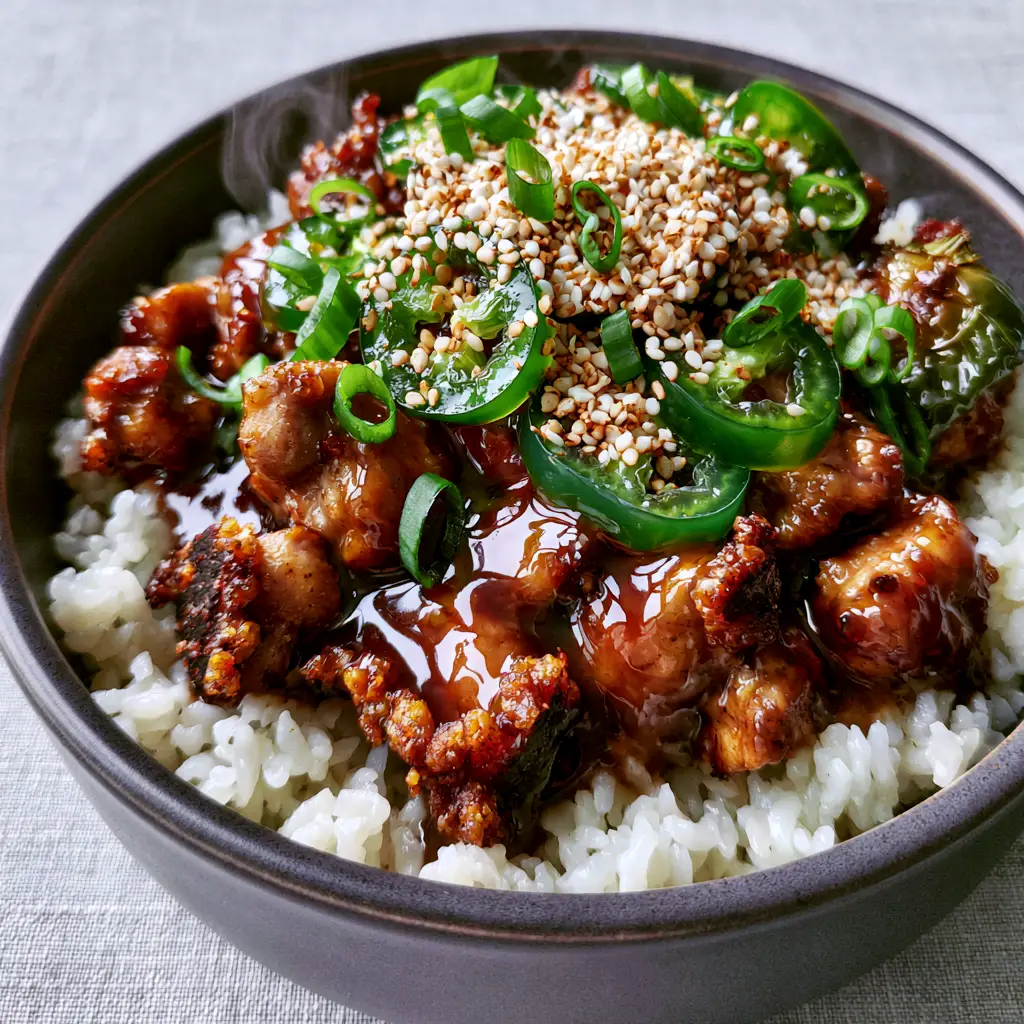 Asian Jalapeno Chicken with a Sticky Mahogany Soy Glaze 1 Sticky Asian Jalapeno Chicken topped with blistered jalapeno rounds and sliced scallions. (Asian Jalapeno Chicken)