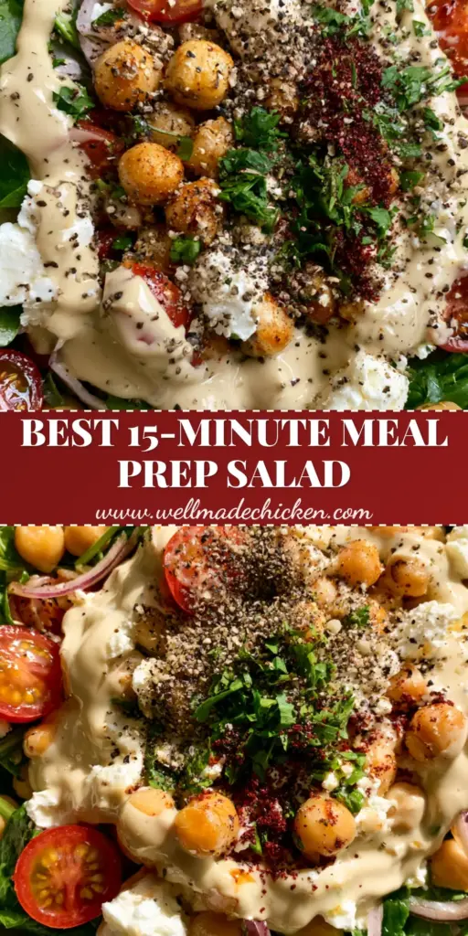 Chickpea Spinach Salad with Creamy Lemon Tahini Dressing 4 A top-down Pinterest pin of a chickpea spinach salad in a ceramic bowl with creamy tahini dressing and sumac garnish.