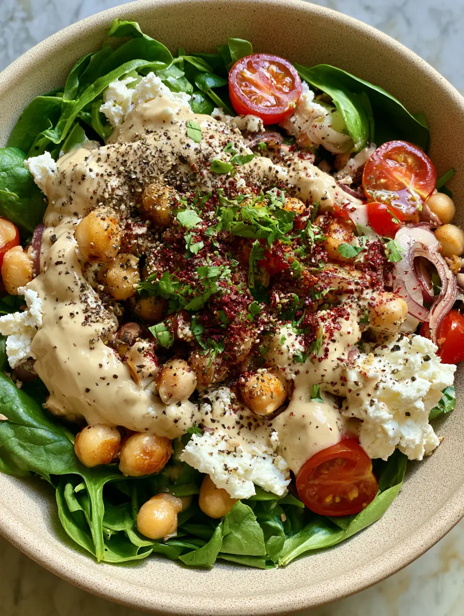 Chickpea Spinach Salad with Creamy Lemon Tahini Dressing 3 High-angle close-up of a chickpea spinach salad with feta, cherry tomatoes, and tahini drizzle. (chickpea spinach salad)