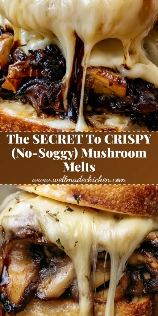 Mushroom Melt with Balsamic Glazed Cremini and Charred Shiitake 3 A diagonal slice of a gourmet mushroom melt on a wooden board featuring charred shiitakes, bubbling Swiss cheese, and fresh thyme. (mushroom melt)