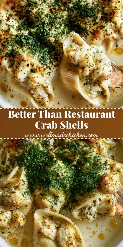 Crab Stuffed Shells with Garlic White Wine Cream Sauce 4 A top-down view of crab stuffed shells overflowing with lump crab meat in a white ceramic dish with golden cheese crust.