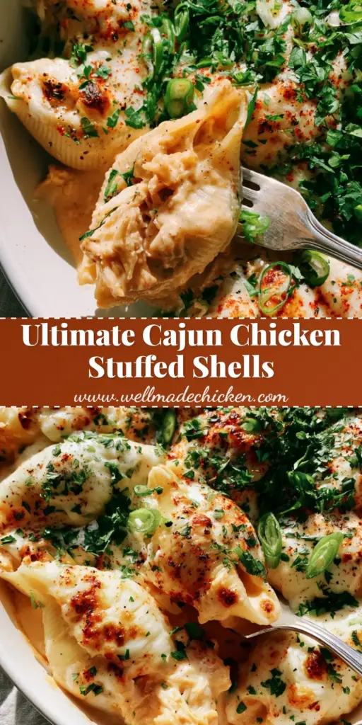 Cajun Chicken Stuffed Shells with Velvety Cream Sauce and Bubbling Mozzarella 4 A close up photo of Cajun Chicken Stuffed Shells in a white dish with a cheese pull and green onion garnish.