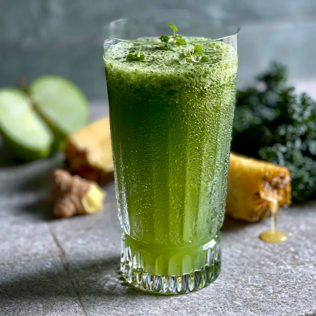 Juice Recipes: The Ultimate Emerald Green Cold-Pressed Elixir 1 Juice ingredients including green apple, pineapple wedge with a juice droplet, and kale on a stone countertop.