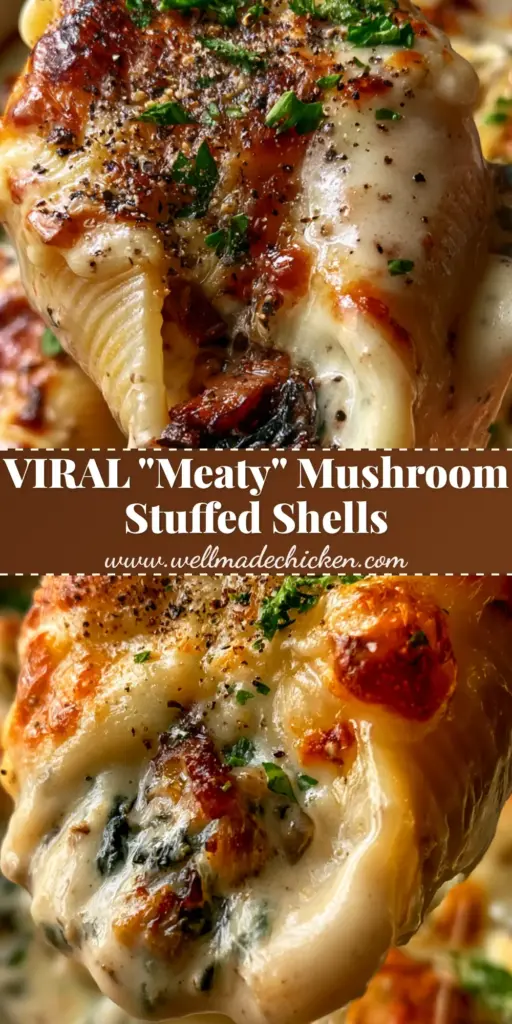 A close-up vertical shot of golden-brown mushroom stuffed shells in a baking dish with bubbling cheese and fresh parsley garnish.