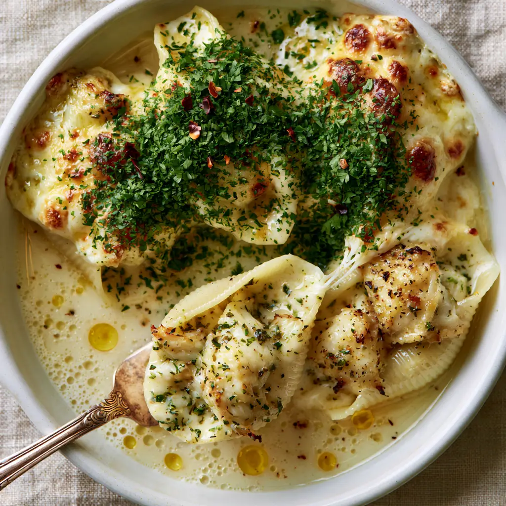 Crab Stuffed Shells with Garlic White Wine Cream Sauce 2 Close-up of jumbo pasta shells stuffed with thick chunks of crab meat and bubbling mozzarella. (crab stuffed shells)