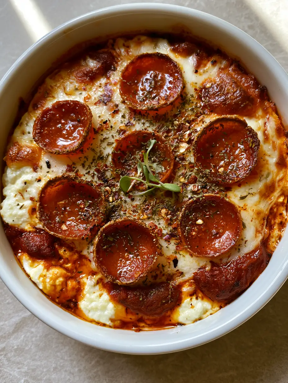 Cottage Cheese Pizza Bowl: The Ultimate High-Protein Crustless Pizza 3 Macro view of melted mozzarella with toasted spots and oil-glistening pepperoni in a Cottage Cheese Pizza Bowl.