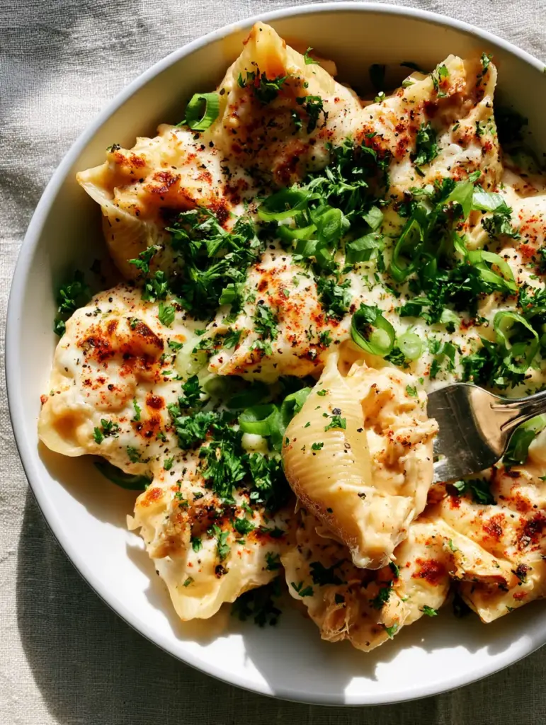 Cajun Chicken Stuffed Shells with Velvety Cream Sauce and Bubbling Mozzarella 2 Top-down view of Cajun Chicken Stuffed Shells with bubbling mozzarella and smoked paprika dust.
