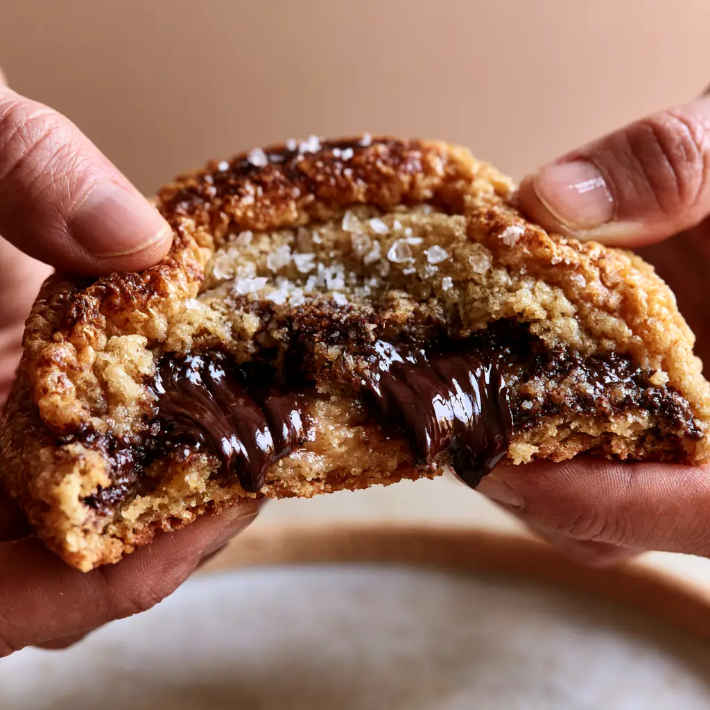 Top view of a crinkled chocolate chip cookie with glistening sea salt and glossy chocolate pools.