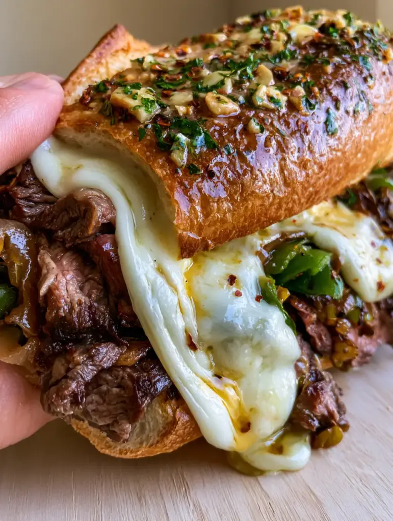 Cheesesteak-Stuffed Garlic Bread: The Ultimate Cheesy Ribeye Baguette 2 A smartphone photo showing a thick layer of melted provolone and American cheese over seared ribeye inside a crusty French baguette. (Cheesesteak-Stuffed Garlic Bread)