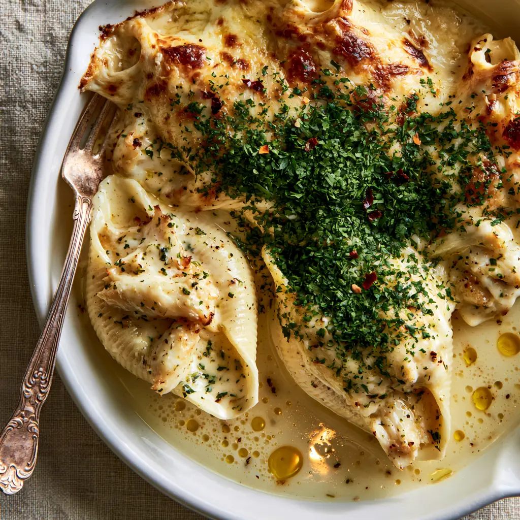 Crab Stuffed Shells with Garlic White Wine Cream Sauce 1 A vintage silver fork lifting a cheesy crab stuffed shell from a white baking dish.