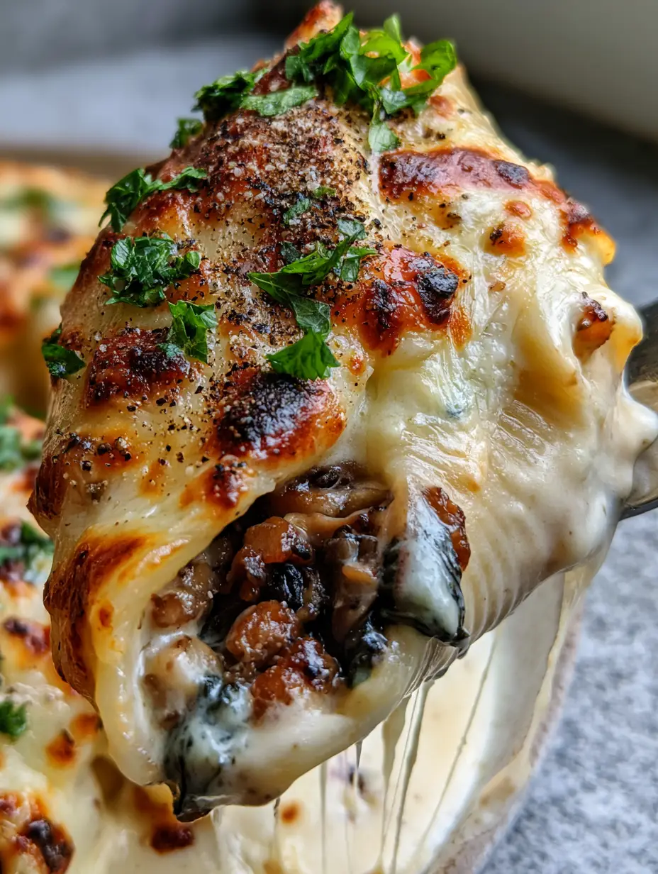 Extreme macro close-up of a single jumbo pasta shell being lifted with a fork, showing a long stringy cheese pull and mushroom stuffed shells filling.