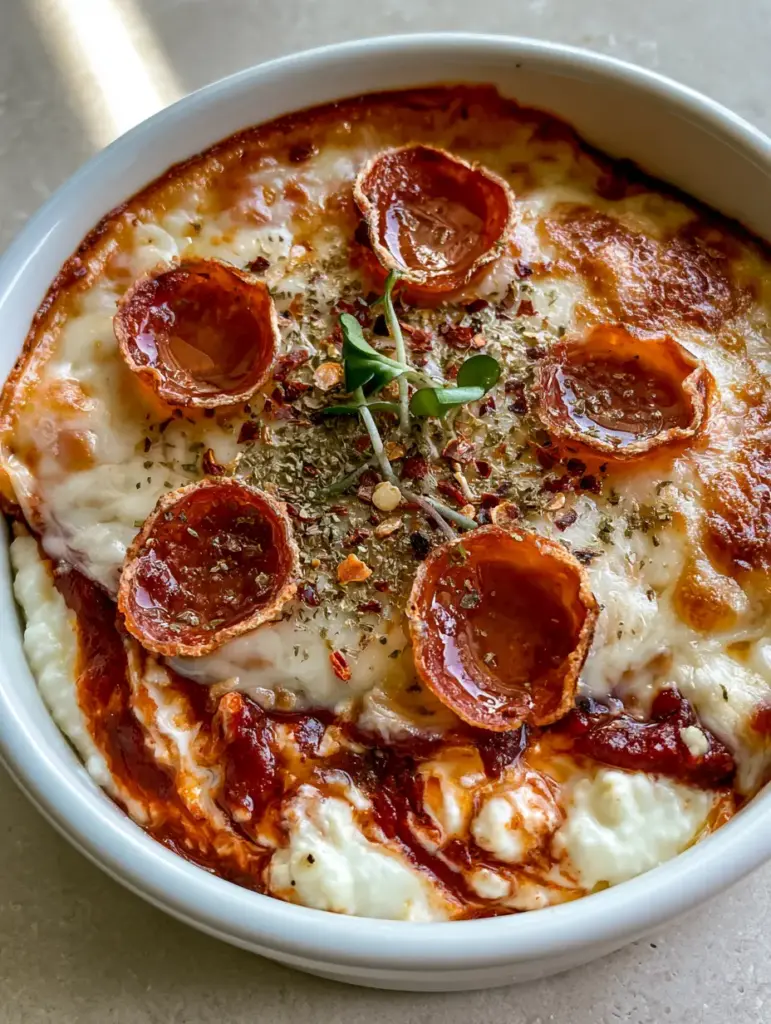 Cottage Cheese Pizza Bowl: The Ultimate High-Protein Crustless Pizza 1 A gourmet Cottage Cheese Pizza Bowl garnished with micro-basil and red pepper flakes on a grey stone surface.