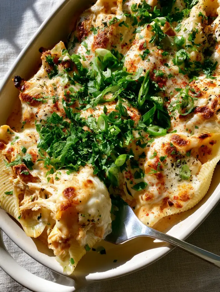 Cajun Chicken Stuffed Shells with Velvety Cream Sauce and Bubbling Mozzarella 1 A silver fork lifting a single Cajun chicken stuffed shell showing a thick cheese pull.