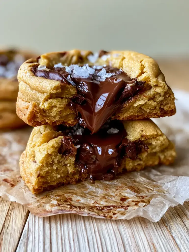 Joanna Gaines Chocolate Chip Cookies: The Ultimate Thick and Gooey Recipe 1 Detailed view of melted dark chocolate oozing from the center of a thick cookie with flaky Maldon sea salt.