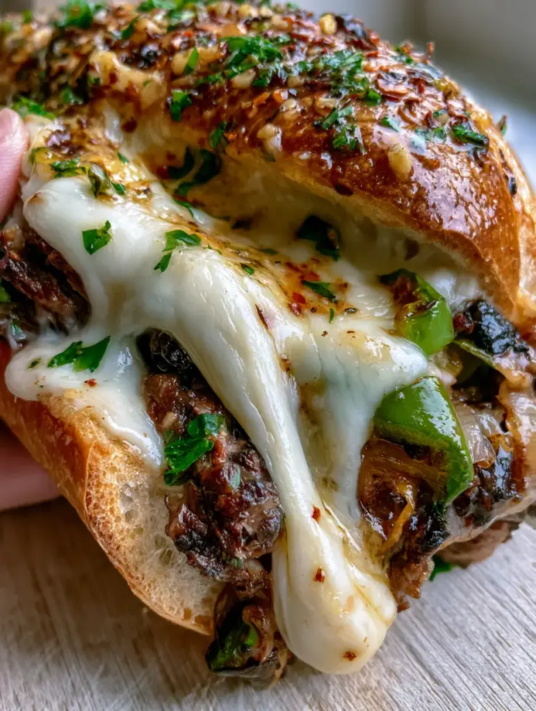 Cheesesteak-Stuffed Garlic Bread: The Ultimate Cheesy Ribeye Baguette 1 A hand lifting a slice of Cheesesteak-Stuffed Garlic Bread, revealing an elastic cheese pull and dark-brown seared meat against a light-wood background.
