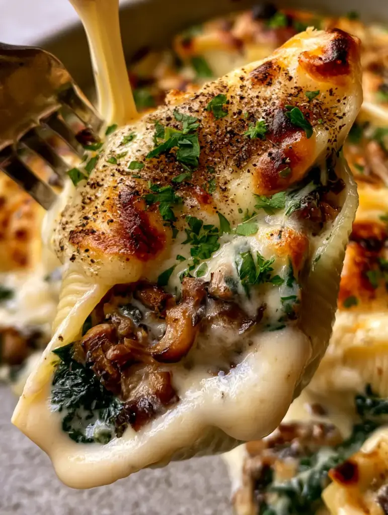 Close up of mushroom stuffed shells showing the velvety white garlic béchamel and toasted charred mozzarella spots.