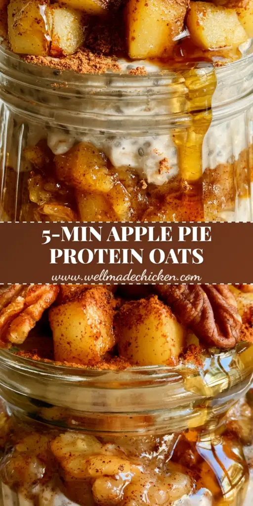 A premium ribbed glass jar filled with layered Apple Cinnamon Overnight Oats, topped with sautéed apples, toasted pecans, and a maple syrup drizzle. (Apple Cinnamon Overnight Oats)