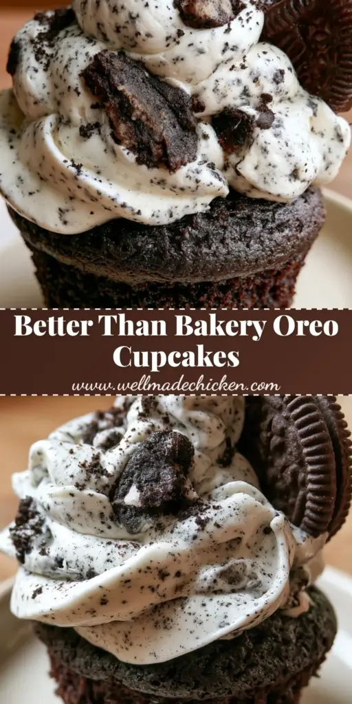 Cookies & Cream Cupcakes with Sculptural Vanilla Buttercream 3 A close-up shot of a dark chocolate Cookies & Cream Cupcake with a high swirl of speckled frosting and a mini Oreo garnish.