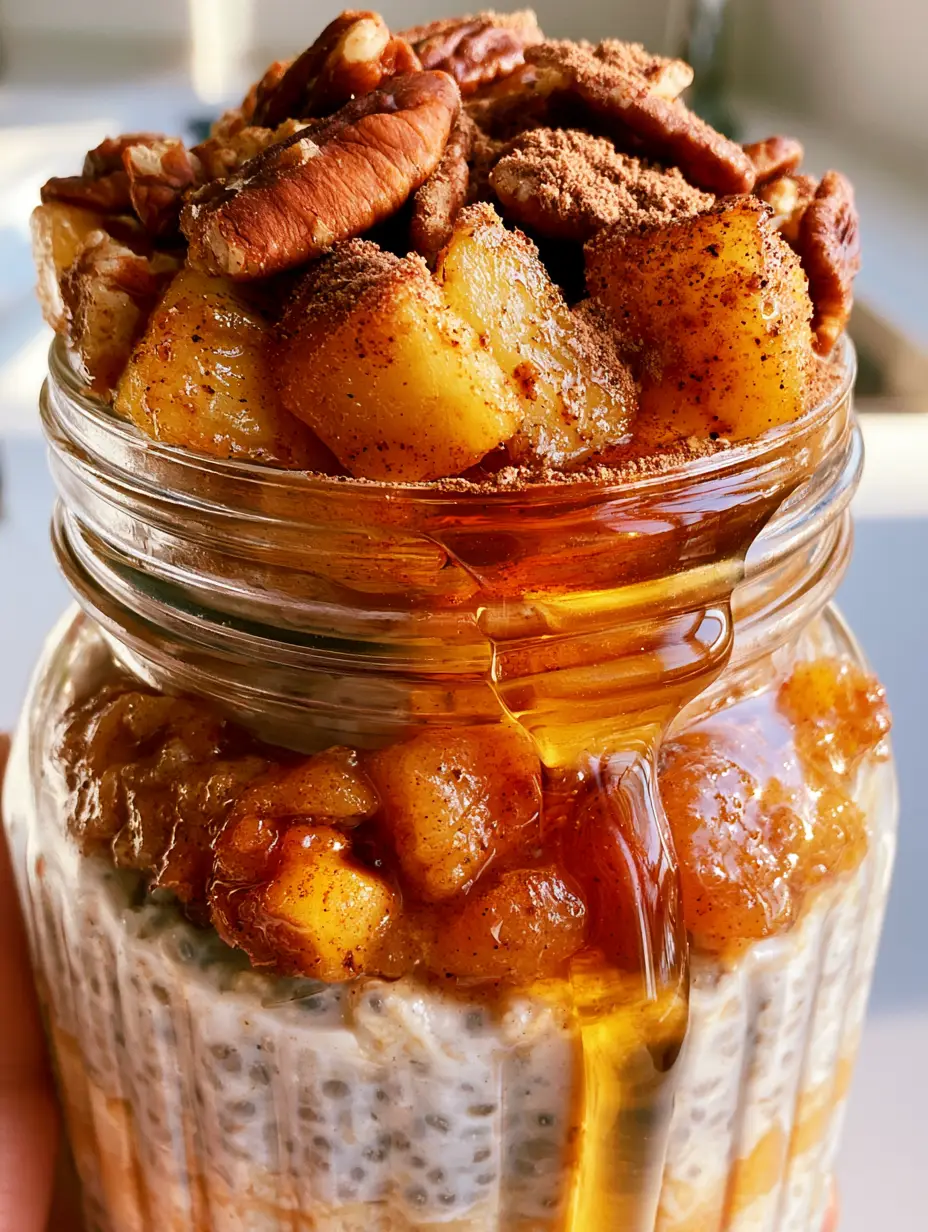 Close up handheld photo of thick creamy Apple Cinnamon Overnight Oats with visible black chia seeds and a heavy cinnamon dusting. (Apple Cinnamon Overnight Oats)