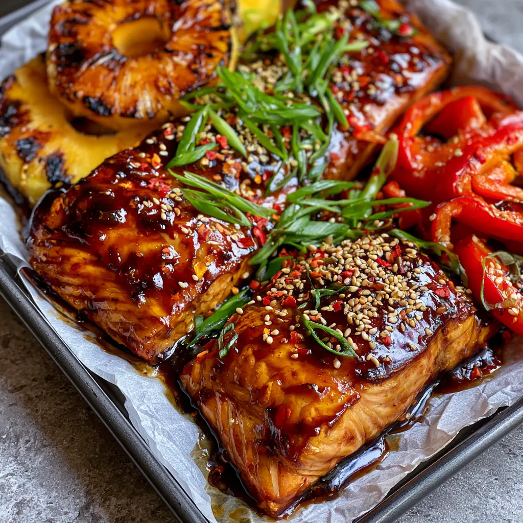Baked Pineapple Salmon: The Ultimate Glistening Sheet Pan Dinner 2 Close up of thick succulent salmon fillets with dark amber pineapple glaze and toasted sesame seeds. (Baked Pineapple Salmon)