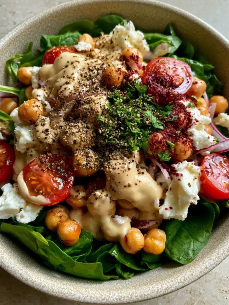 Chickpea Spinach Salad with Creamy Lemon Tahini Dressing 1 A bowl of chickpea spinach salad showing the glistening tomatoes and red onion curls.