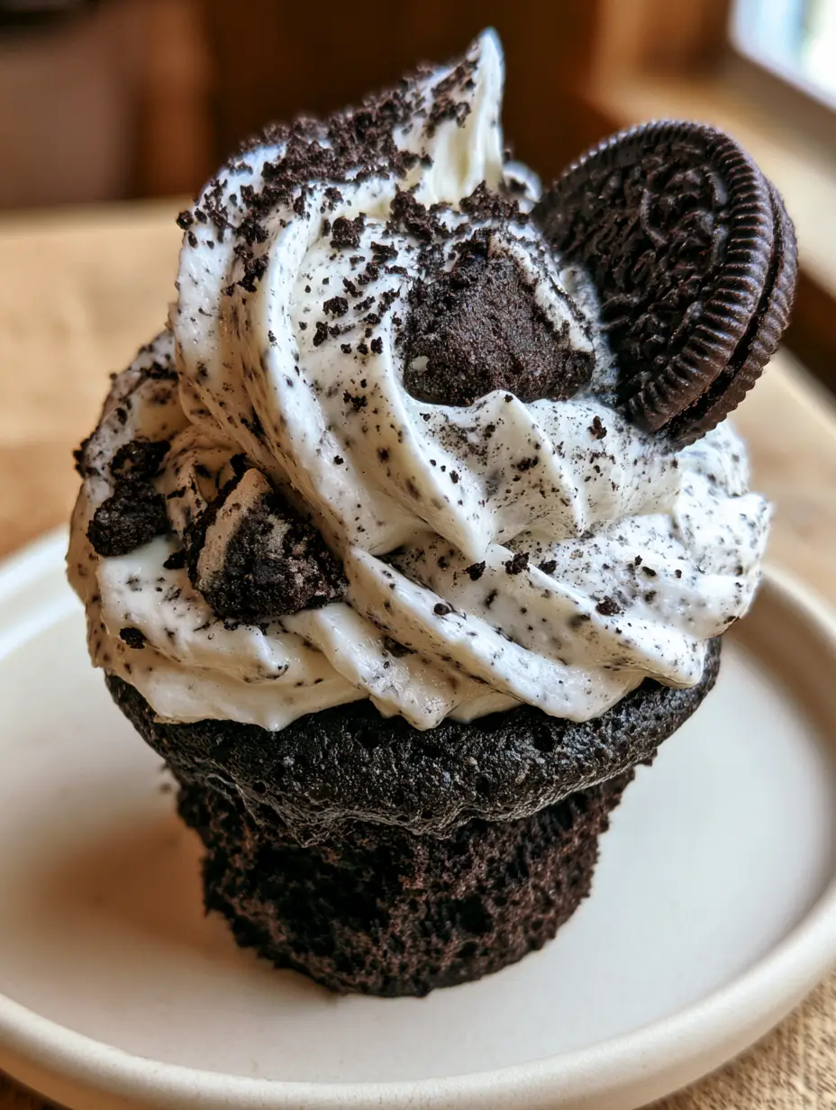 Cookies & Cream Cupcakes with Sculptural Vanilla Buttercream 4 Macro close-up showing the porous dark chocolate crumb and sculptural speckled frosting of a Cookies & Cream Cupcake.