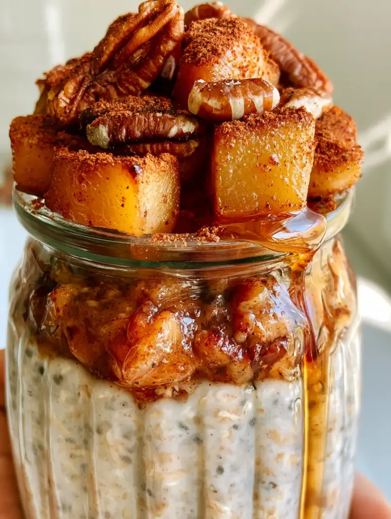 Top view of golden-brown sautéed apple cubes and toasted pecan halves on a bed of oats. (Apple Cinnamon Overnight Oats)