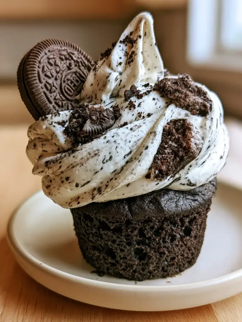 Cookies & Cream Cupcakes with Sculptural Vanilla Buttercream 1 Cookies & Cream Cupcake with a massive swirl of white frosting speckled with black cookie dust on a matte white ceramic plate.