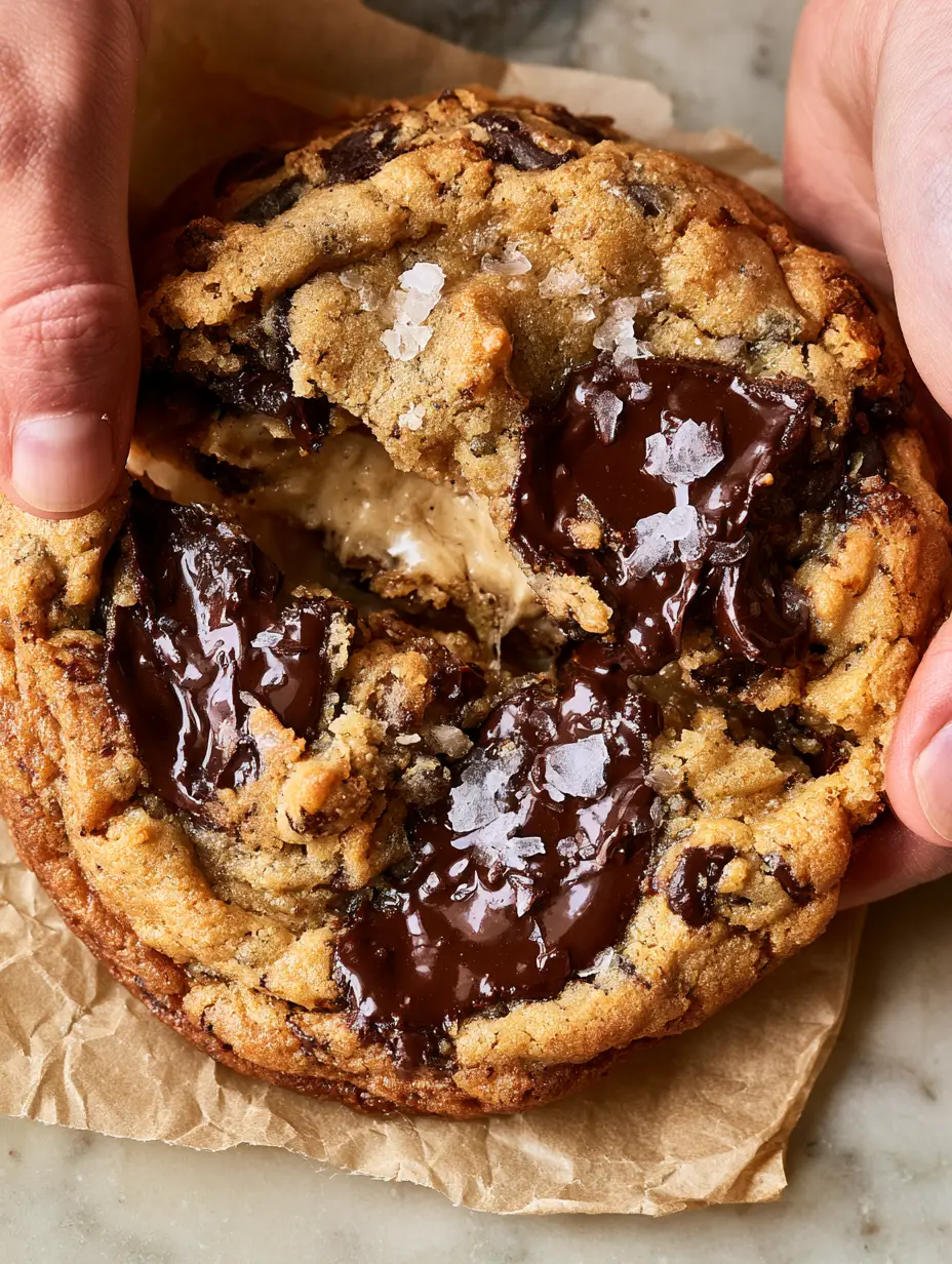 The Ultimate Bakery-Style Homemade Chocolate Chip Cookies Recipe 4 Two hands pulling apart an extra-thick cookie to reveal a steaming, pale, gooey center with glistening chocolate pools. (homemade chocolate chip cookies recipe)