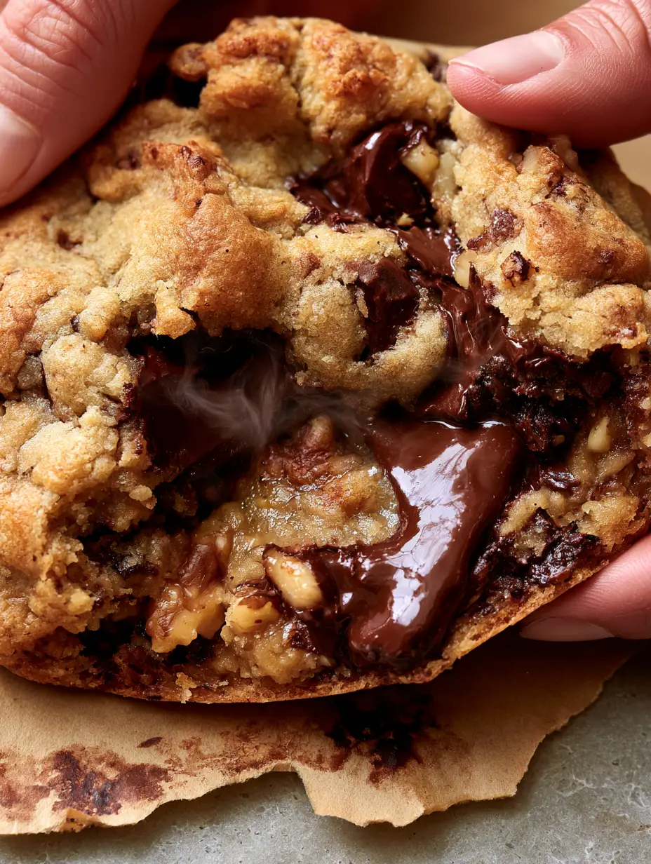 NYC Cookies: The Ultimate Giant Gooey Chocolate Chip Walnut Recipe 3 Macro photo of NYC cookies being pulled apart with steam rising and molten chocolate pools. (NYC cookies)