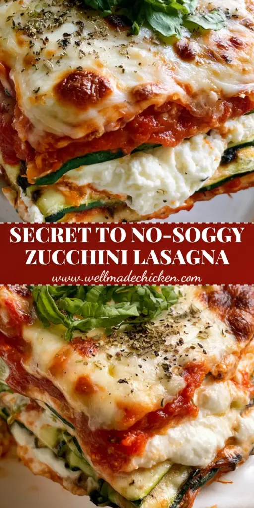 Zucchini Lasagna: The Ultimate Low-Carb Recipe with Grilled Ribbons 3 A close-up vertical shot of a thick slice of Zucchini Lasagna with visible grilled ribbons and bubbly cheese. (Zucchini Lasagna)